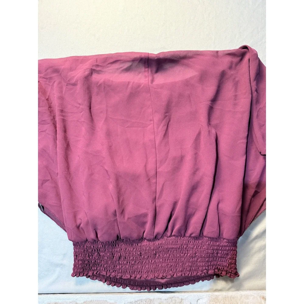 By & By Womens Smocked Waist Chiffon Blouse Split Flutter Sleeve Burgundy Large - Picture 4 of 5